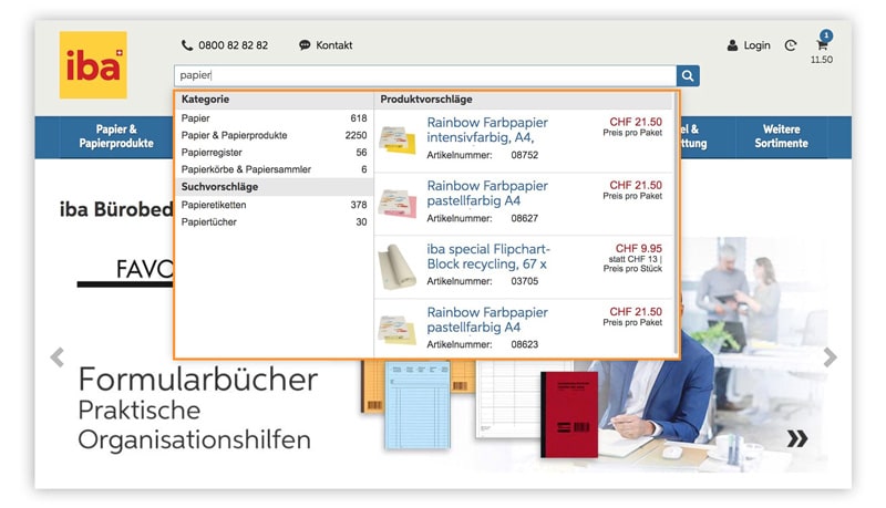 Screenshot einer intelligenten Suche mit Produktvorschlägen eines Beispiel-Shops aus dem B2B E-Commerce.