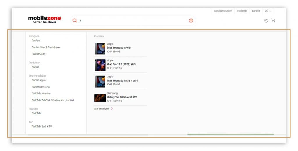 Typeahead im Online Shop von mobilezone.ch