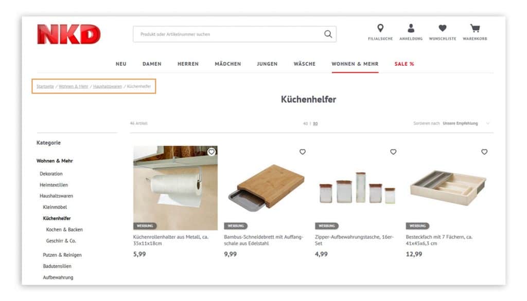 Kategorieseite "Küchenhelfer" im Online Shop von NKD mit entsprechenden Breadcrumbs