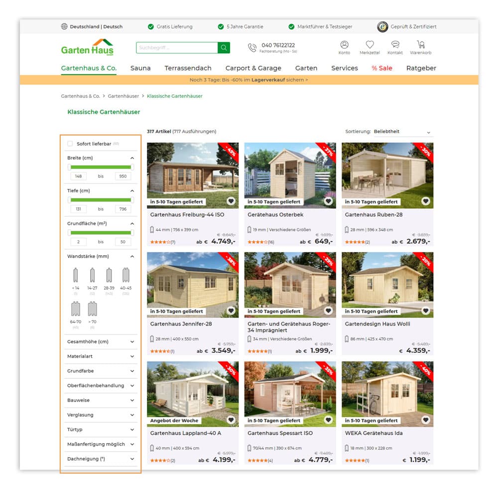 Facettennavigation auf einer Kategorieseite im Online Shop von A-Z Gartenhaus