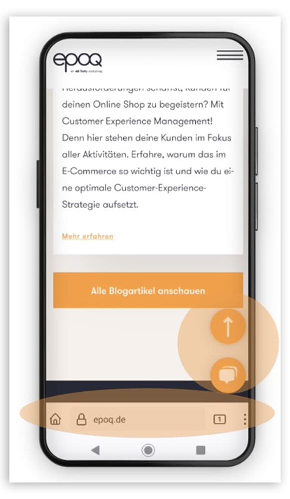 Hier ist ein Screenshot der epoq Webseite auf einem Smartphone zu sehen.