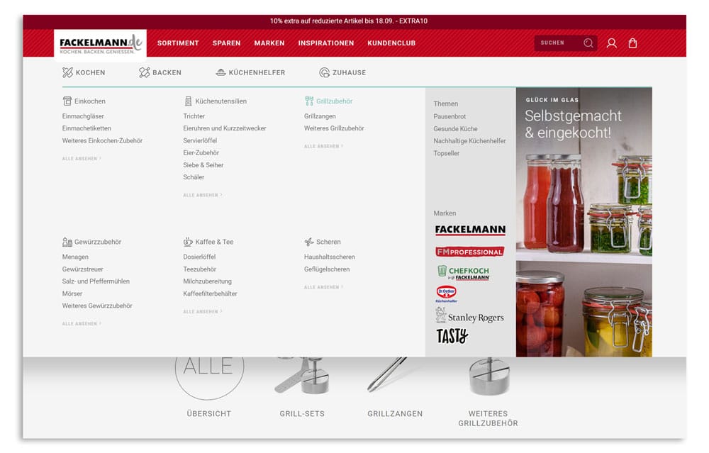 Kategorien im Online Shop von Fackelmann mit verschiedenen Einstiegsoptionen, die sich mithilfe des Category Managements gestalten lassen.