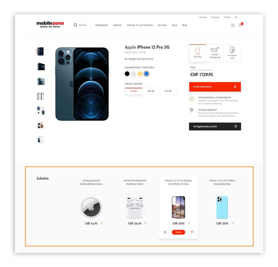 Der Screenshot zeigt eine Produktdetailseite im Online Shop von mobilezone, die einen erfolgentscheidenden Touchpoint für die Conversion Rate darstellt.