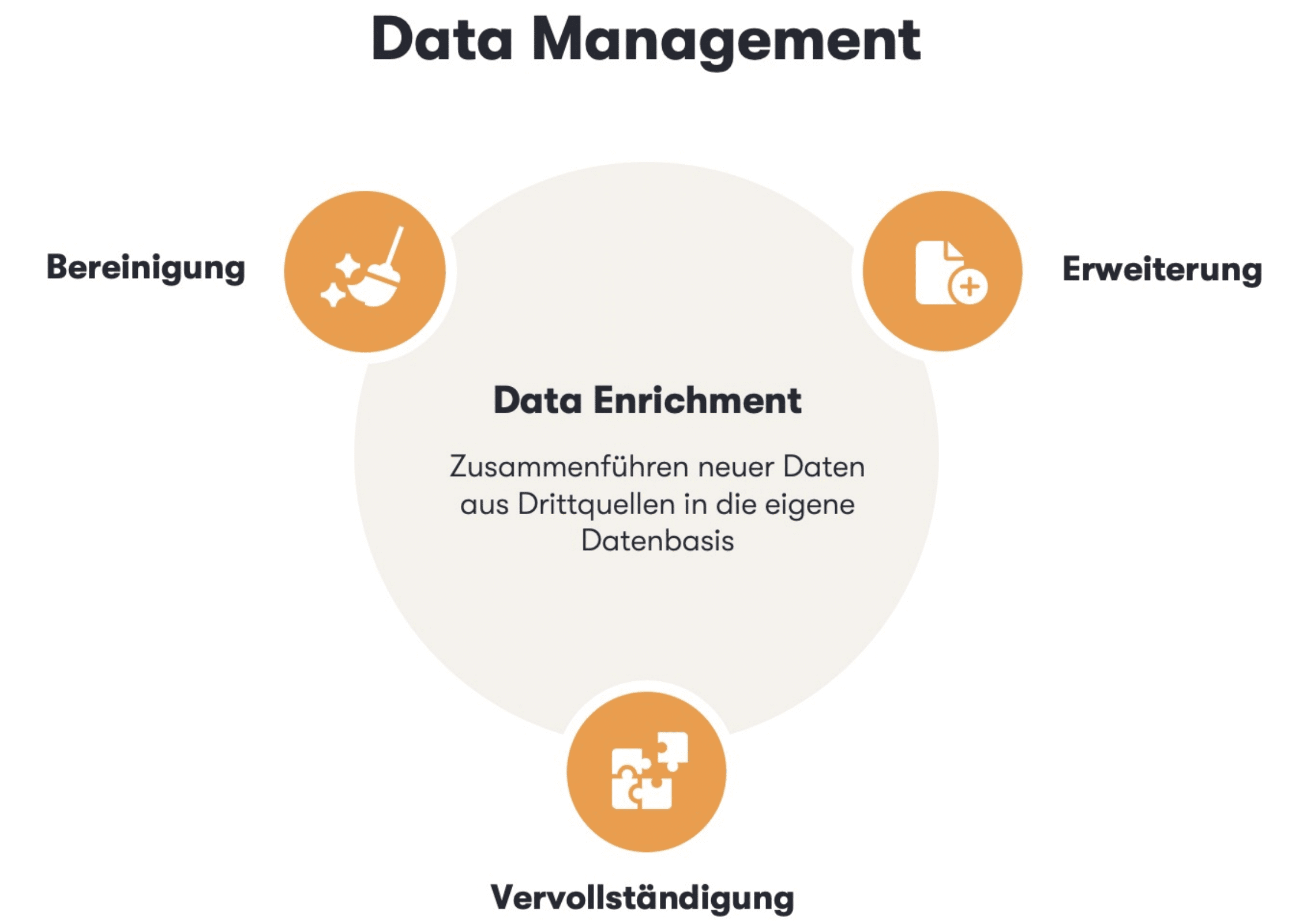 Die Grafik zeigt die drei Kernaspekte des Data Enrichments: Bereinigung, Erweiterung und Vervollständigung.