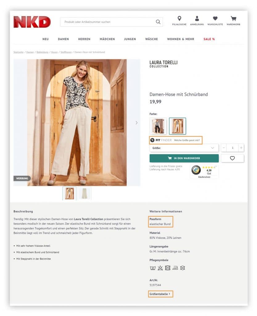 Ausschnitt einer Produktdetailseite im Online Shop von NKD mit verschiedenen Informationen zur Passform der Hose als Beispiel für Customer Data Enrichment