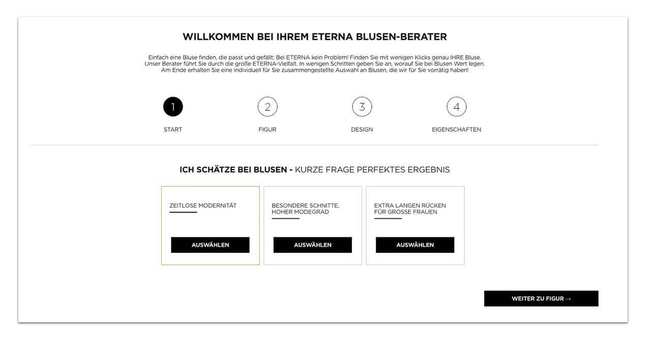 Beispiel eines Produktberaters im Online Shop von ETERNA. In der Phase der Produktauswahl kann ein digitaler Berater Shopkunden auf ihrer digitale Customer Journey unterstützen.