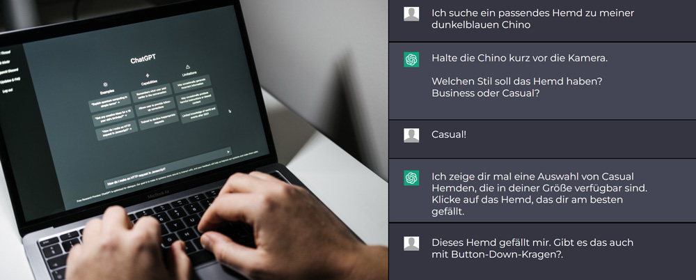 Das Bild zeigt, wie ein Dialog mithilfe eines Systems wie ChatGPT im E-Commerce der Zukunft aussehen könnte.