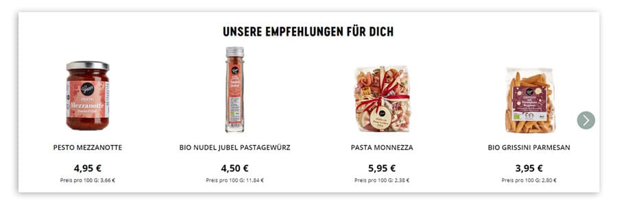 Der Screenshot zeigt ein Empfehlungswidget mit personalisierten Empfehlungen, die mithilfe von KI und Machine Learning im E-Commerce berechnet werden können.