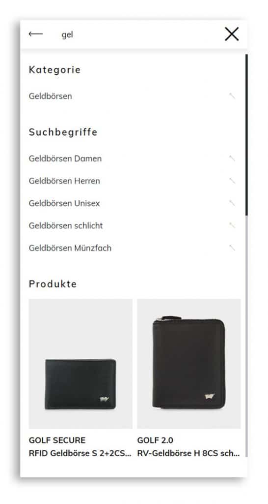 Mobile Ansicht der Suchfunktion mit Typeahead im Online Shop von Braun Büffel.