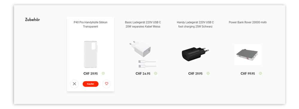 Hier wird Zubehör von mobilezone angezeigt welches der Kunde bewerten kann.
