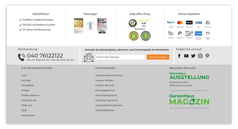 Der Screenshot zeigt die Footer-Navigation im Online Shop von A-Z Gartenhaus.