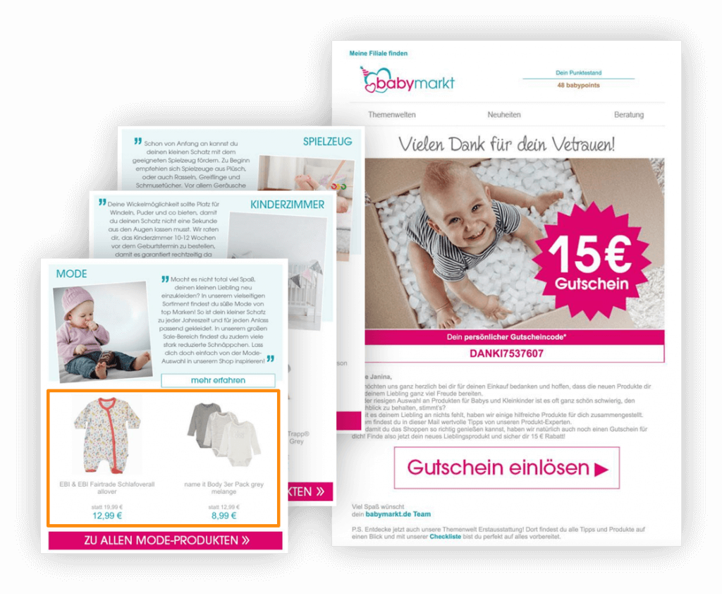 Das Bild zeigt ein Beispiel für One-to-One-Marketing in Form eines Newsletters von babymarkt.de mit personalisierten Empfehlungen zu verschiedenen Kategorien.