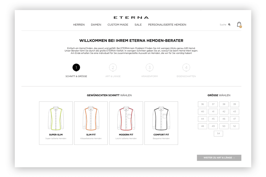 Das Bild zeigt den Hemdenberater im Online Shop von ETERNA als Beispiel für einen Produktberater, der One-to-One-Marketing ermöglicht.