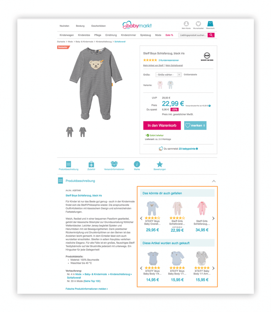 Das Bild zeigt personalisierte Produktempfehlungen auf einer Produktdetailseite im Online Shop von babymarkt.de.