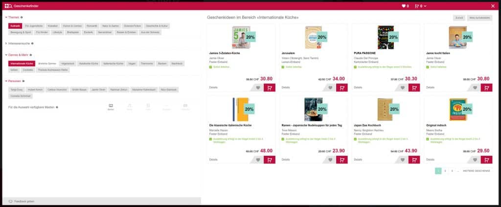 Screenshot des Geschenkefinders von Ex Libris als Beispiel für eine Online-Beratung-Software.