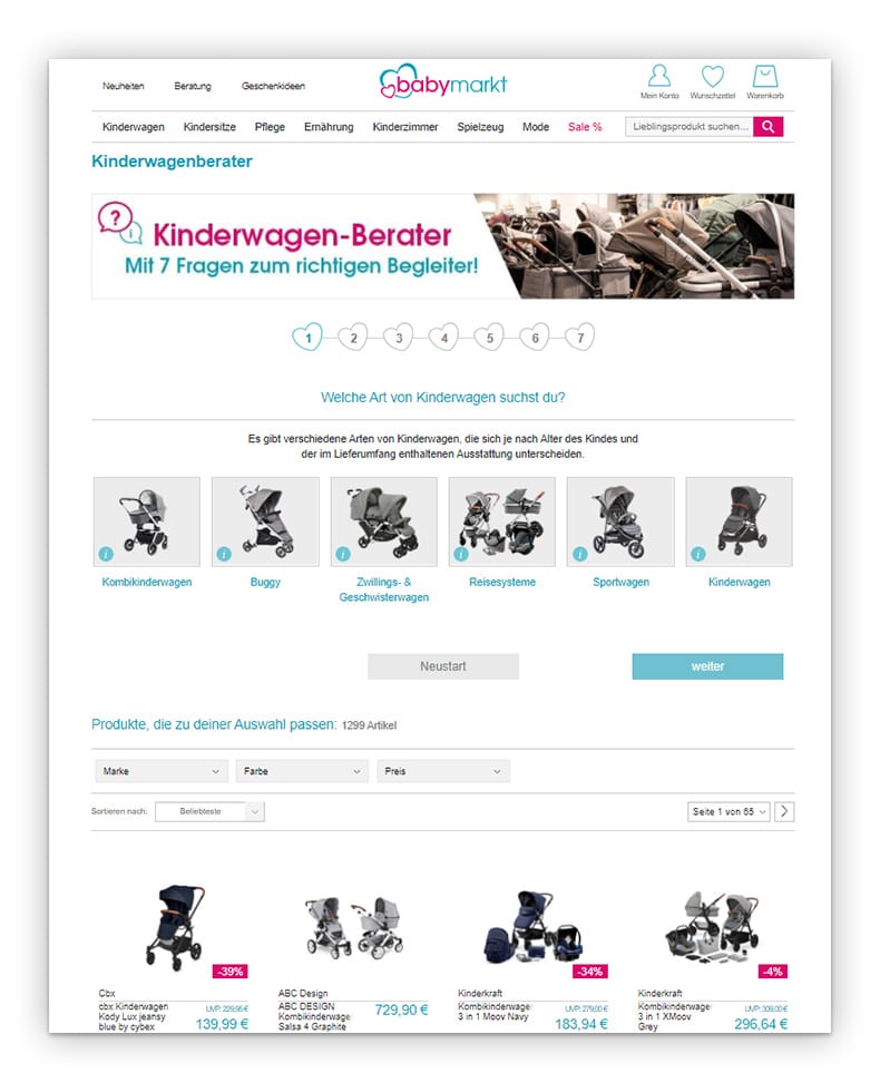 Screenshot des babymarkt.de Kinderwagenberaters als Beispiel für eine Online-Beratung-Software.