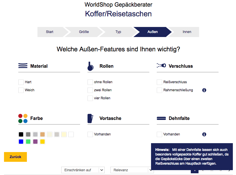 Screenshot des Gepäckberaters im Lufthansa Worldshop zur Erklärung des Info-Icons für einen Online-Produktberater.