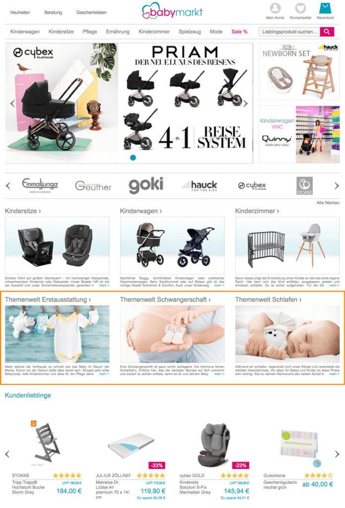 Der Screenshot zeigt einen Ausschnitt der Startseite von babymarkt. Der Online Shop präsentiert hier unter anderem Themenwelten.