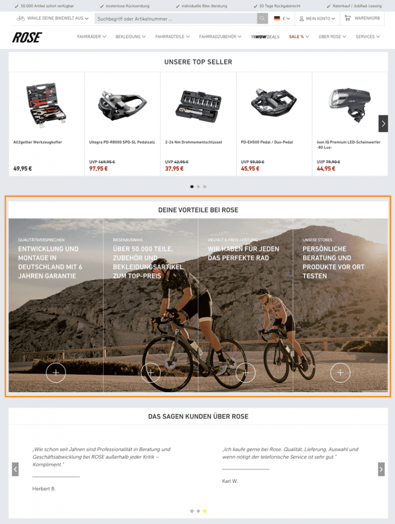 Der Screenshot zeigt einen Ausschnitt der Startseite von ROSE Bikes. Der Online Shop präsentiert verschiedenen Alleinstellungsmerkmale auf der Startseite.