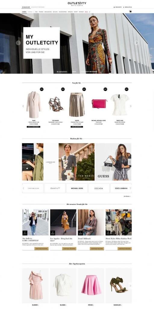Der Screenshot zeigt einen Ausschnitt aus dem personalisierten Shoppingbereich von Outletcity Metzingen.
