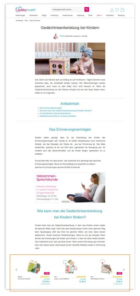 Personalisierte Landingpage auf babymarkt.de 