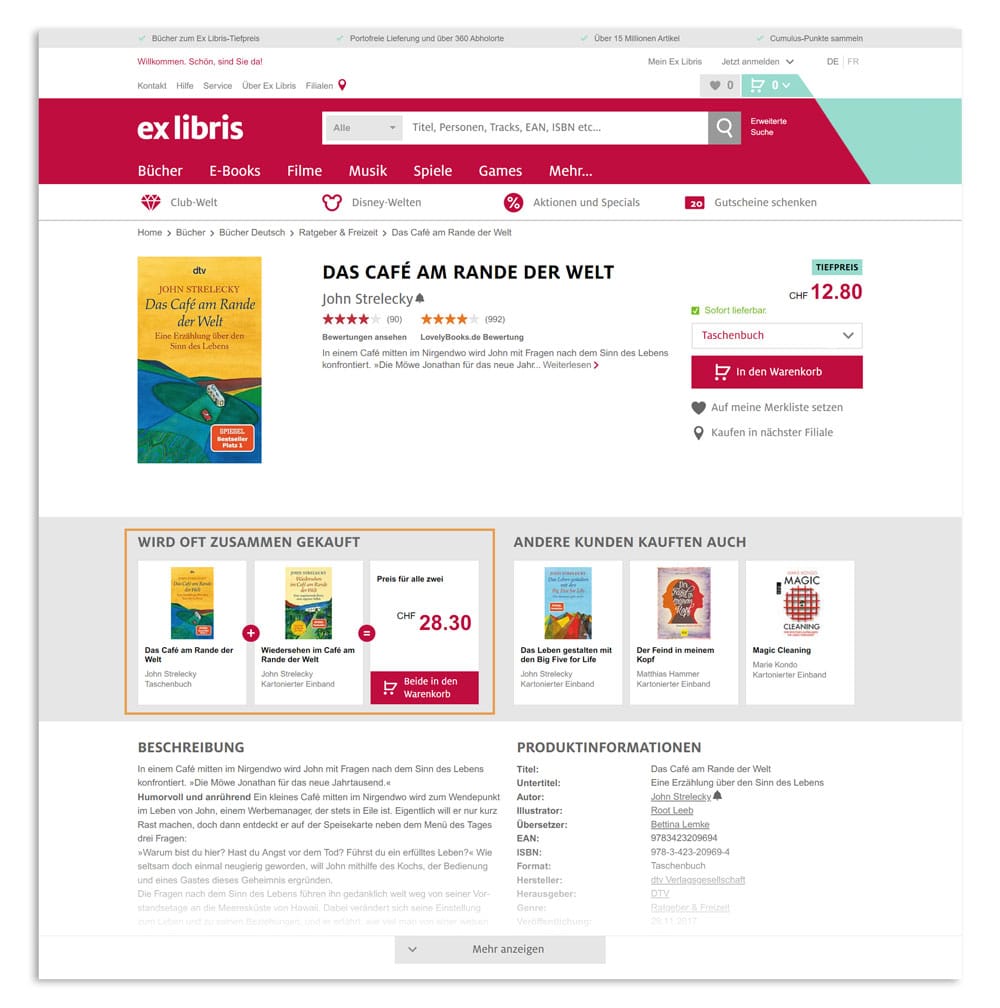 Gezeigt ist eine Produktdetailseite im Online Shop von Ex Libris, auf der eine Bundle-Empfehlung im Stil "Wird oft zusammen gekauft" zu sehen ist.