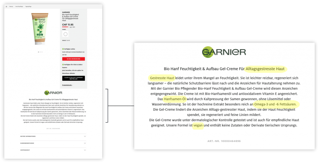 Das Bild zeigt eine Bio-Creme mit zugehöriger Produktbeschreibung, in der interessante Attribute gehighlighted werden wie z. B. "vegan". Diese können in den Produktdatenfeed aufgenommen werden.