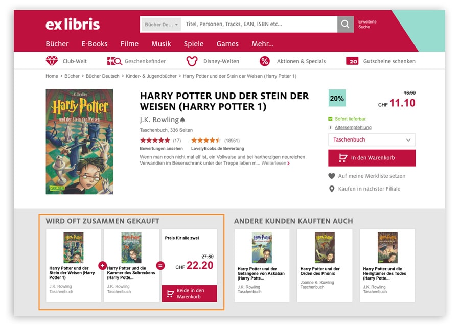 Das Bild zeigt eine Produktdetailseite im Online Shop von Ex Libris. Hier wird dem Kunden ein Bundle bestehend aus zwei Harry Potter Romanen angeboten.