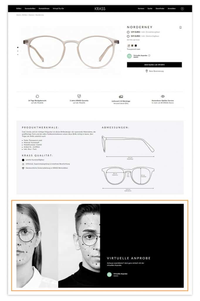 Der Screenshot zeigt ein Beispiel für ein virtuelles Element (virtuelle Anprobe einer Brille) im Online Shop von KRASS Optik.