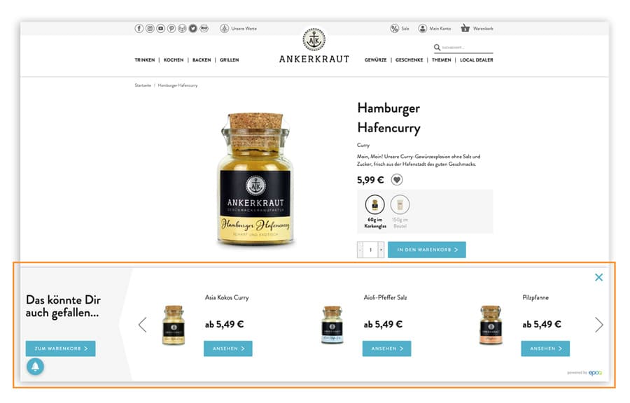 Das Bild zeigt eine Produktdetailseite im Online Shop von Ankerkraut. Nachdem ein Kunde das Produkt in den Warenkorb gelegt hat, erhält er im eingeblendeten Warenkorblayer weitere Produktempfehlungen.