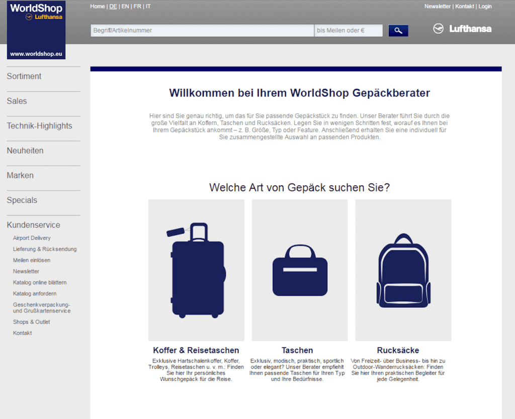 Screenshot des digitalen Gepäckberaters des Lufthansa Worldshops für das Retourenmanagement.