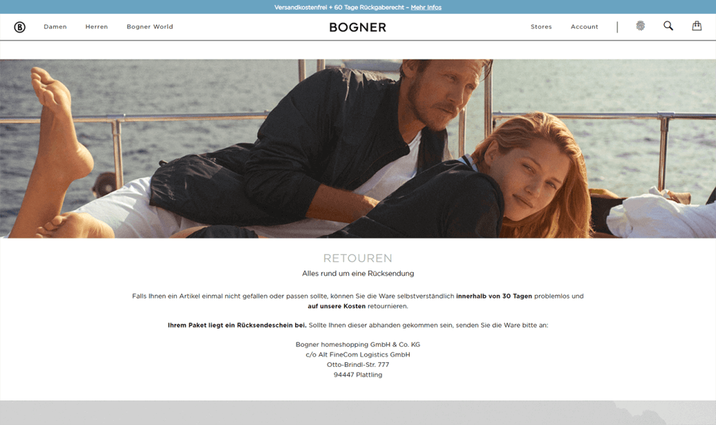 Das Bild zeigt eine Seite im Online Shop von Bogner. Hier werden alle Informationen rund um eine Rücksendung übersichtlich dargestellt. Dies ist eine Maßnahme für das Optimieren des Retourenprozesses.