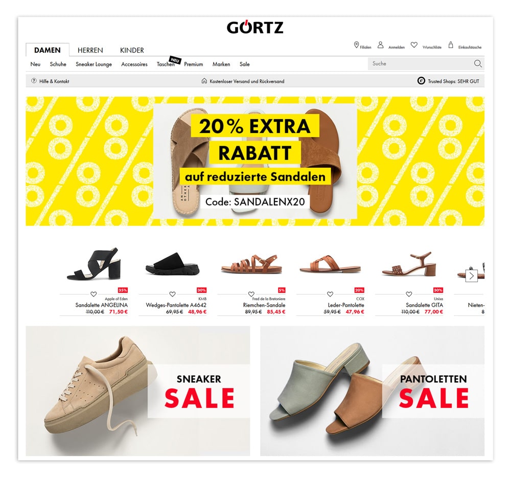 Man sieht eine Shopseite, genauer, die Startseite vom Online Shop von Görtz zu sehen.