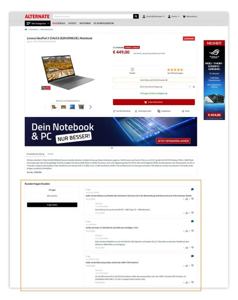 Das Bild zeigt eine Produktdetailseite im Online Shop von ALTERNATE mit einer Fragensektion als Beispiel für Social Proof im E-Commerce.